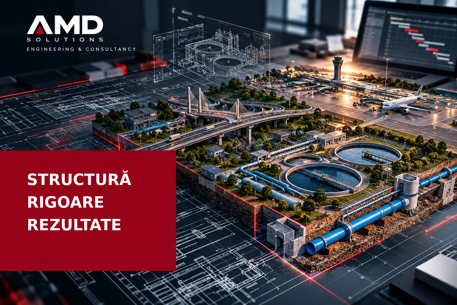 Concept 3D AMD Solutions: infrastructură rutieră, aeroport, apă și canalizare, planșe de inginerie și grafic de planificare